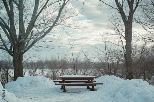 A wooden bench sits amidst a snowy park, providing a quiet place to rest amid the winter landscape, A winter picnic witnessed by bare trees and snow piles, AI Generated