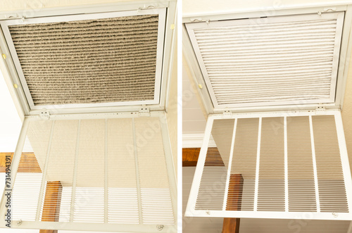 Before And After. Clean And Dirty Stainless Steel Pleated Ac Furnace Filters With Carbon. Air Filter Allergen Reduction Dust. Intake Vent, Home Air Conditioner. Horizontal Plane. HVAC System