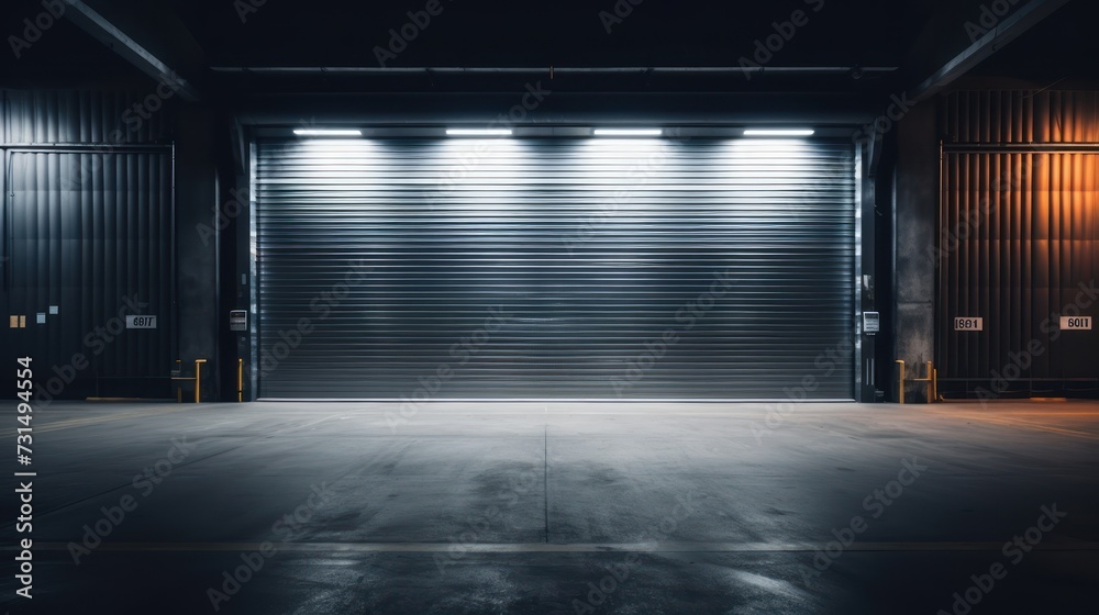 Concrete floor and a closed door for product display or an industrial background - obrazy, fototapety, plakaty 