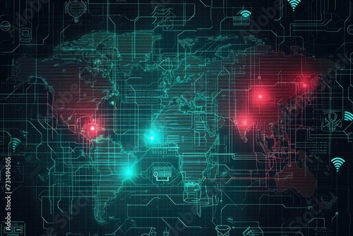 A detailed map of the world featuring red and green lights that represent international flight routes, A world map showing global cyber attacks, AI Generated
