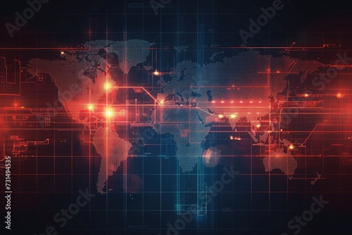 A high-resolution photo featuring a meticulously detailed map of the entire world, displayed on a dark background, A world map showing global cyber attacks, AI Generated