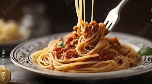 close-up shot of a fork lifting a delicious twirl of classic spaghetti from a plate, showcasing the timeless beauty of traditional Italian pasta.