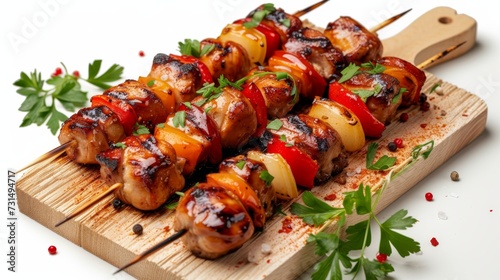 Tasty grilled chicken skewer with vegetables on wooden sticks isolated on white background