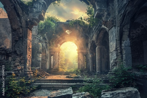 A photo capturing the beautiful ruins of an old church with sunlight filtering through the gaps in its dilapidated walls  Abandoned ruins of an ancient city  AI Generated