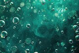 A detailed view of numerous bubbles covering a vibrant green surface, Abstract droplet pattern on a deep sea-green background, AI Generated