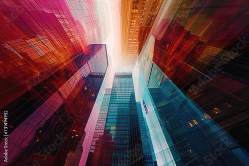 Several adjacent tall buildings stand in a dense urban environment  showcasing modern architecture  Abstract digital art focusing on the geometric patterns in city s skyscrapers  AI Generated