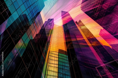 A bustling city filled with tall  contemporary buildings that create a vibrant and dynamic cityscape  Abstract digital art focusing on the geometric patterns in city s skyscrapers  AI Generated