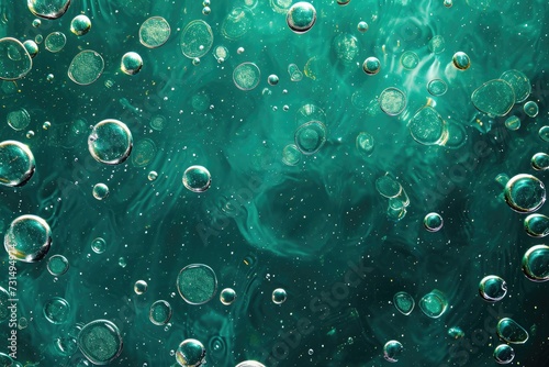 A detailed view of numerous bubbles covering a vibrant green surface, Abstract droplet pattern on a deep sea-green background, AI Generated
