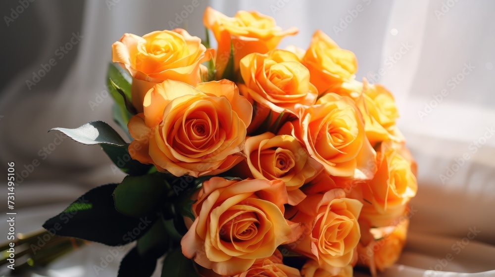 Obraz premium A bouquet of yellow, orange roses for congratulations on Mother's Day, Valentine's Day, Women's Day. Blurred background.