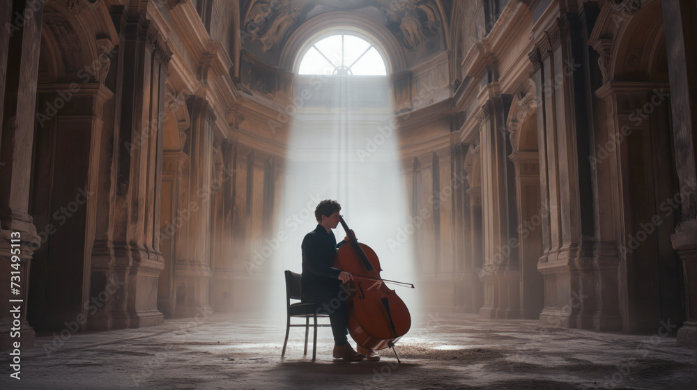 A man plays the cello in an ancient building
