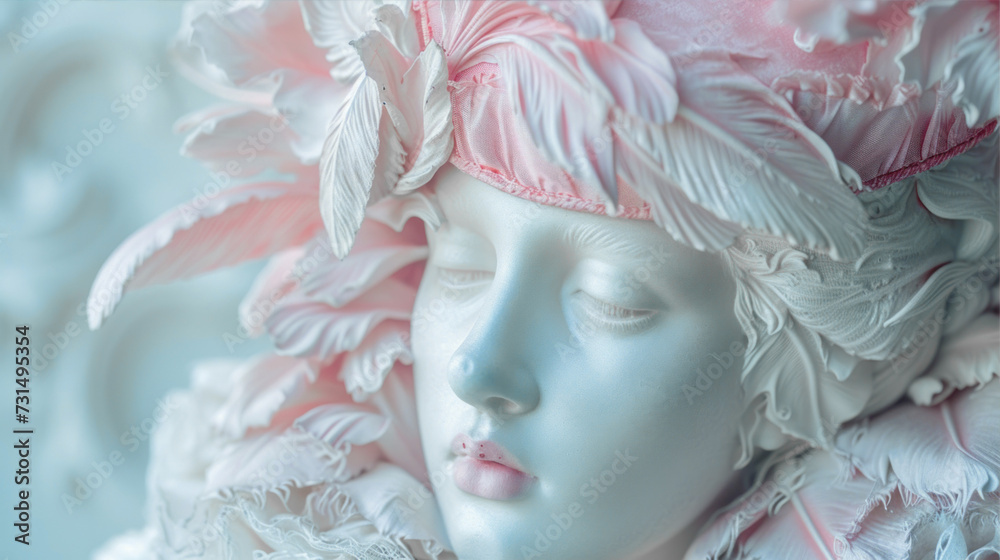 Naklejka premium Marble sculpture of a female head decorated with feathers 