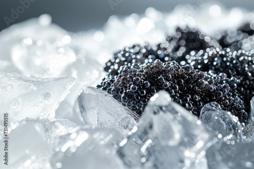 A pile of ripe blackberries sitting on top of a bed of ice cubes, showcasing their vibrant color against the cold background, Abstract representation of caviar on a bed of crushed ice, AI Generated