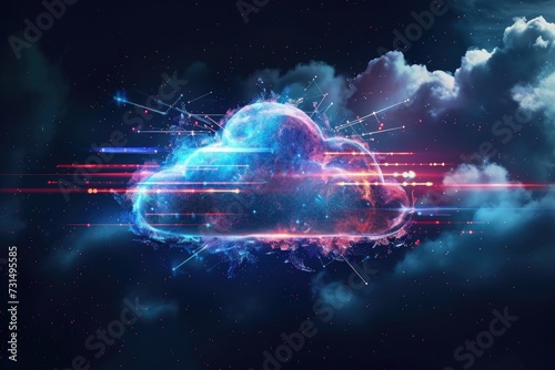 A bright full moon shines through the darkness, casting a glow on a lone cloud suspended in the middle of the night sky, Abstract representation of cloud computing, AI Generated