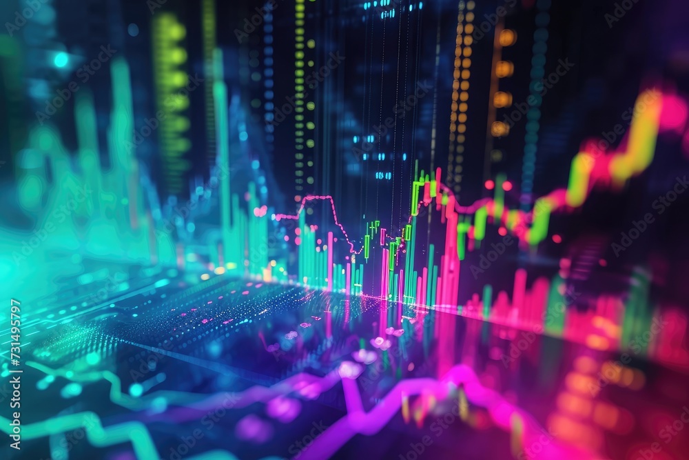 A computer screen displaying a vibrant and intricate pattern with vivid colors, Abstract representation of stock market trends with colorful graphs and charts, AI Generated A computer screen displaying a vibrant and intricate pattern with vivid colors, Abstract representation of stock market trends with colorful graphs and charts, AI Generated