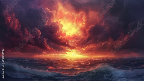An awe-inspiring scene of a dark  dramatic sky meeting the horizon during an epic sunset 