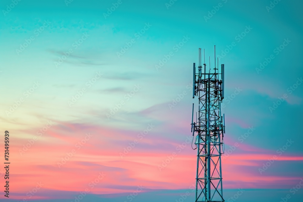 A cell phone tower stands tall against a colorful sky, creating a striking contrast of man-made structure and natural beauty, Abstract telecommunication tower on a plain background, AI Generated