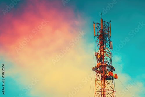 A towering cell phone tower stands against a clear blue sky backdrop, Abstract telecommunication tower on a plain background, AI Generated