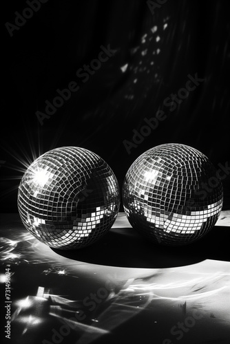 A monochrome image depicting a pair of disco balls resting on a glossy reflective floor