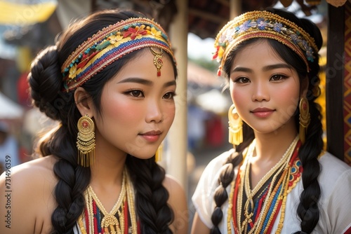 Beautiful Filipino-Kapampangan women from Bataan, warm golden-brown complexion, exquisite blend of Filipino and Kapampangan ancestry, glossy onyx hair, hair woven into intricate braids