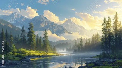Beautiful morning landscape with a forest and a river
