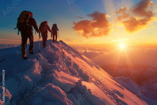 A group of individuals are seen making their way up the side of a mountain covered in snow, Adventurous hikers reaching a mountain summit at sunrise, AI Generated