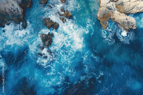 This aerial photograph captures the expansive ocean and rugged rock formations along the coastline  Aerial depiction of vivid  deep blue sea surrounding rocky formations  AI Generated