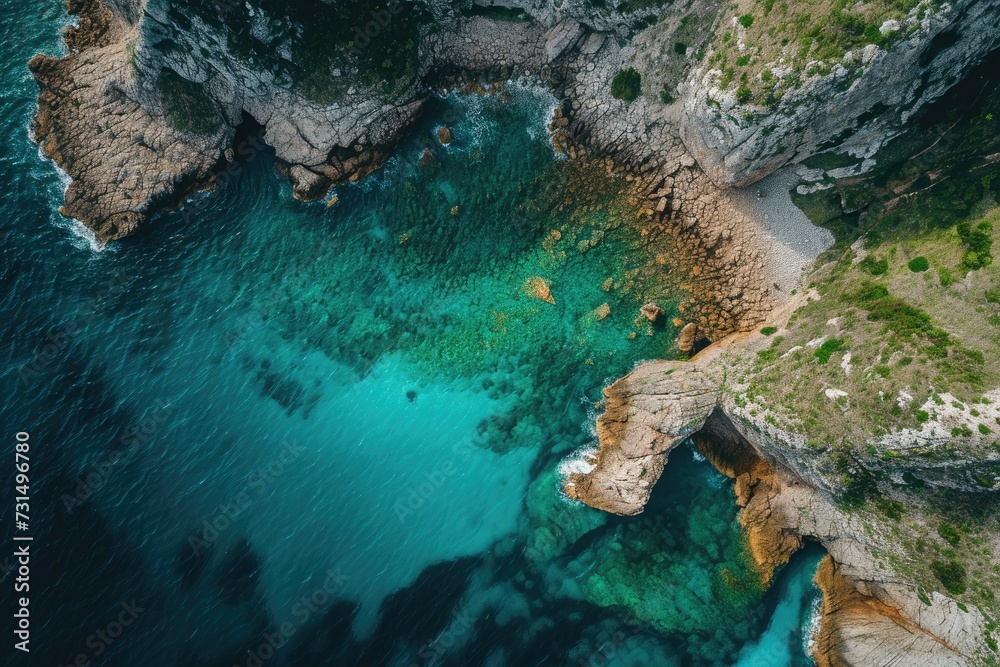 Aerial View of the Ocean and Cliffside Along the Rugged Coastline of Big Sur, Aerial panorama of an emerald sea lapping against stony banks, AI Generated