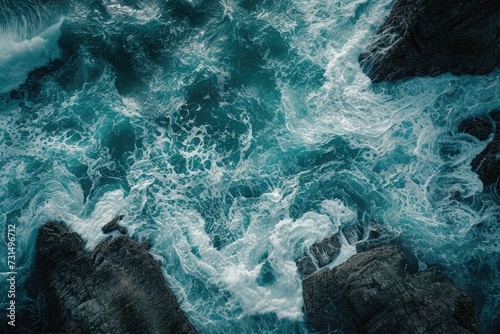 This aerial photo showcases a body of water surrounded by rugged rocks in a natural landscape, Aerial display of a moody sea weaving around boulder-strewn coastlines, AI Generated