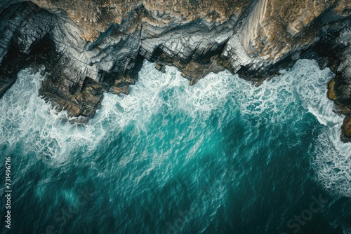 Aerial View of the Ocean and Cliffs With Turquoise Waters and Rugged Shoreline, Aerial interpretation of a tranquil sea meeting a rocky coast, AI Generated