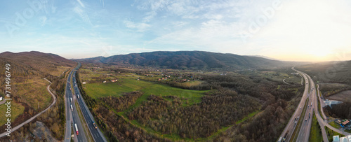 highway panoramic aerial view during sunset with amazing nature