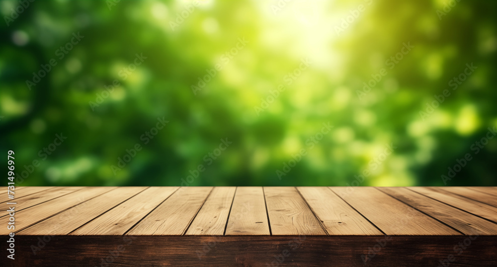 Empty wooden table with forest background Empty wooden table with forest background