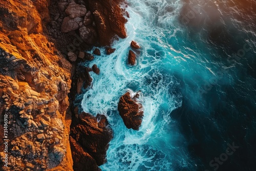 Aerial View of Ocean and Rocky Coastline With Crashing Waves, Aerial perspective of the sea kissing rocky shores at dawn, AI Generated