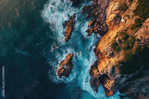 This aerial photo captures the expansive view of the ocean and the rugged rocks along the coastline, Aerial perspective of the sea kissing rocky shores at dawn, AI Generated