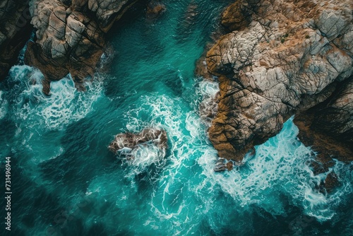 This photo captures a stunning aerial perspective of a body of water with rocky surroundings, Aerial shot capturing textured blue-green sea clashing against craggy rocks, AI Generated