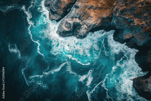 This photo captures the dynamic interaction between the ocean waves and rugged rocks from an aerial perspective, Aerial shot of a radiant sea hugging a jagged coastline, AI Generated