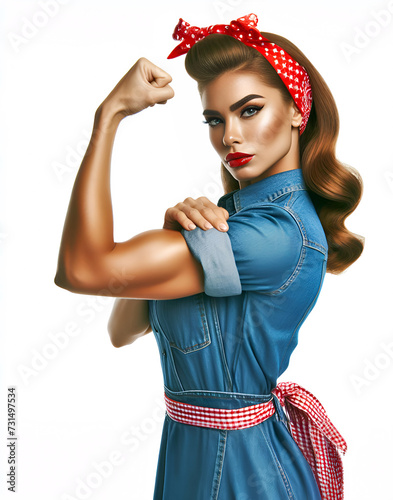 Patriotic Latino pin-up model dressed as Rosie the Riveter, flexing her muscles and showcasing female empowerment