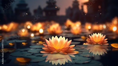 Vesak day background concept, floating lanterns on river at night, celebrating buddha days