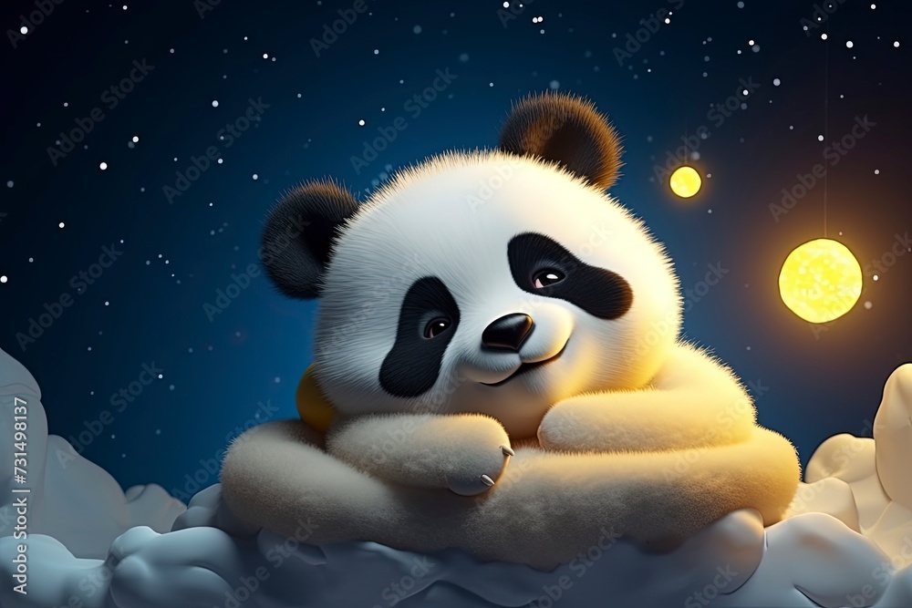 Cute panda doll hugging the moon with a night background full of stars with generative ai