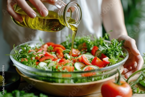 Woman pouring olive oil in to the vegetable salad, healthy eating.