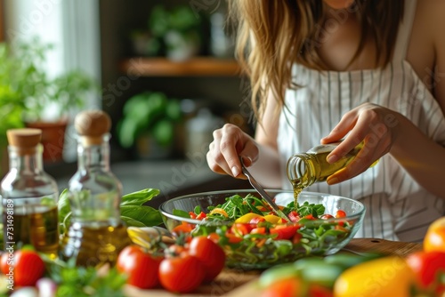 Woman pouring olive oil in to the vegetable salad  healthy eating.