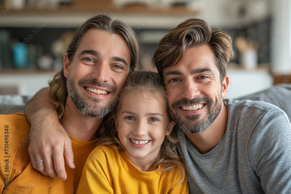 Happy gay couple family smiling together in a loving portrait, Generative Ai Illustration Happy gay couple family smiling together in a loving portrait, Generative Ai Illustration