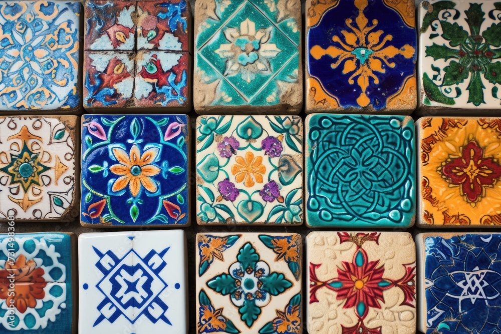 Beautiful colourful handmade ceramic tile with various ornament.