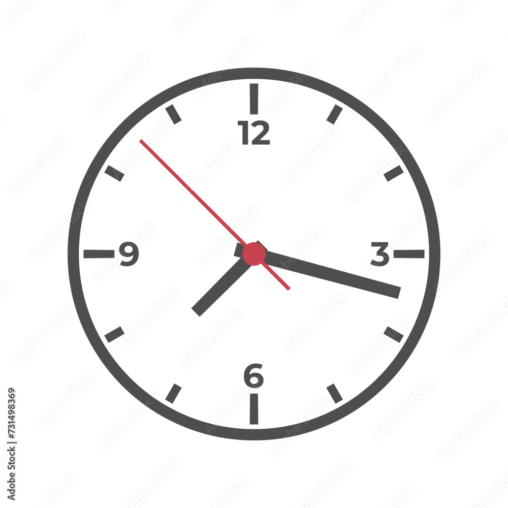 Modern illustration of round clock in minimalist style. Simple illustration of wall clock with numbers.