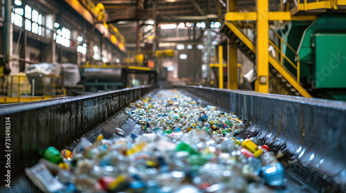 Conveyor Belt Overflowing With Bottles and Cans at Garbage Processing Plant