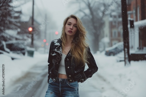 Young woman with blonde hair in the snowy city