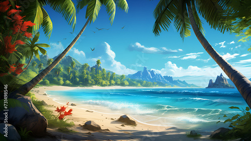Beautiful paradise tropical island beach background summer holliday poster, Game tropical background Treasure Island, AI generated photo