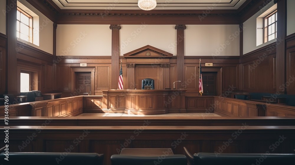 Empty courtroom, court of law and justice interior - obrazy, fototapety, plakaty 