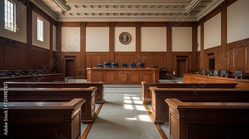 Empty courtroom, court of law and justice interior photo