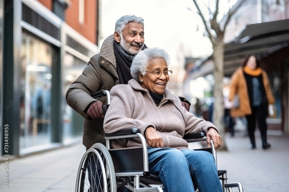 Man and Woman Walking Down Street in Wheelchair