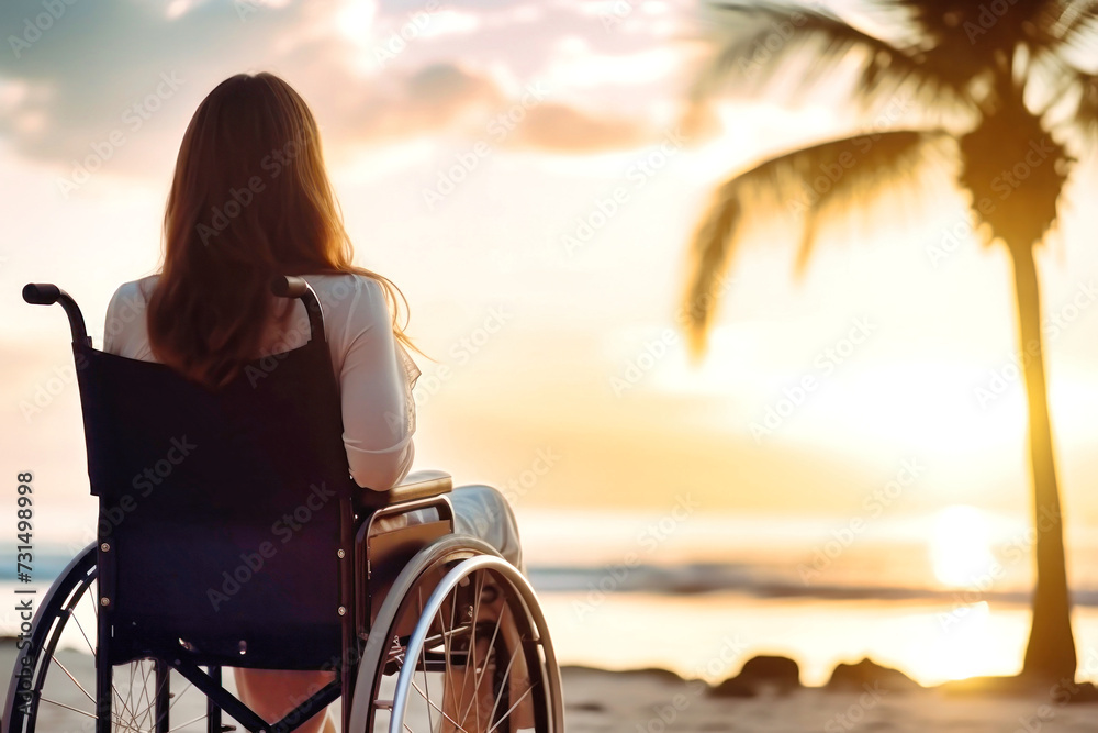 Fototapeta premium Woman in Wheelchair Observing Ocean Horizon